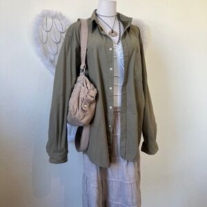 Indie Grunge  Granola Girl Green Micro Suede Shirt Button Up Long Sleeve Dad